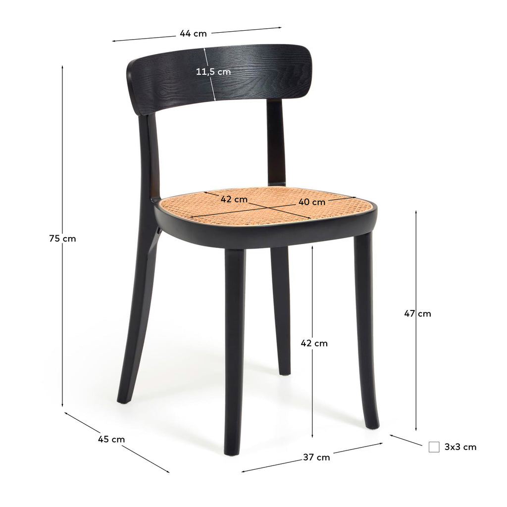 Romane chair in solid beech with black finish, ash veneer and rattan