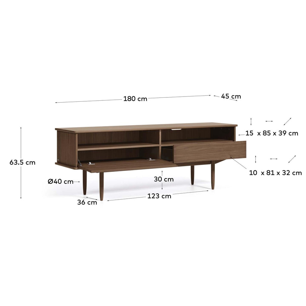 Carolin walnut wood veneer single door & drawer TV stand, 180 x 63.5 cm