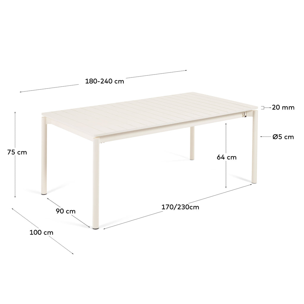 Zaltana extendable outdoor table made of aluminium in a light grey finish, 180 (240) x 100 cm