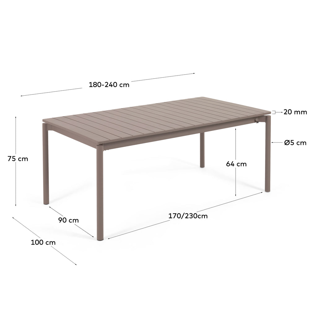 Zaltana extendable aluminium outdoor table with matt brown finish 180 (240) x 100 cm
