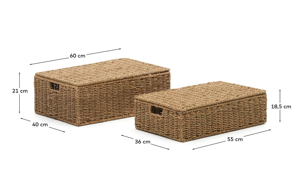 Tossa set of 2 natural fiber baskets with lids, 55 x 36 cm / 60 x 40 cm