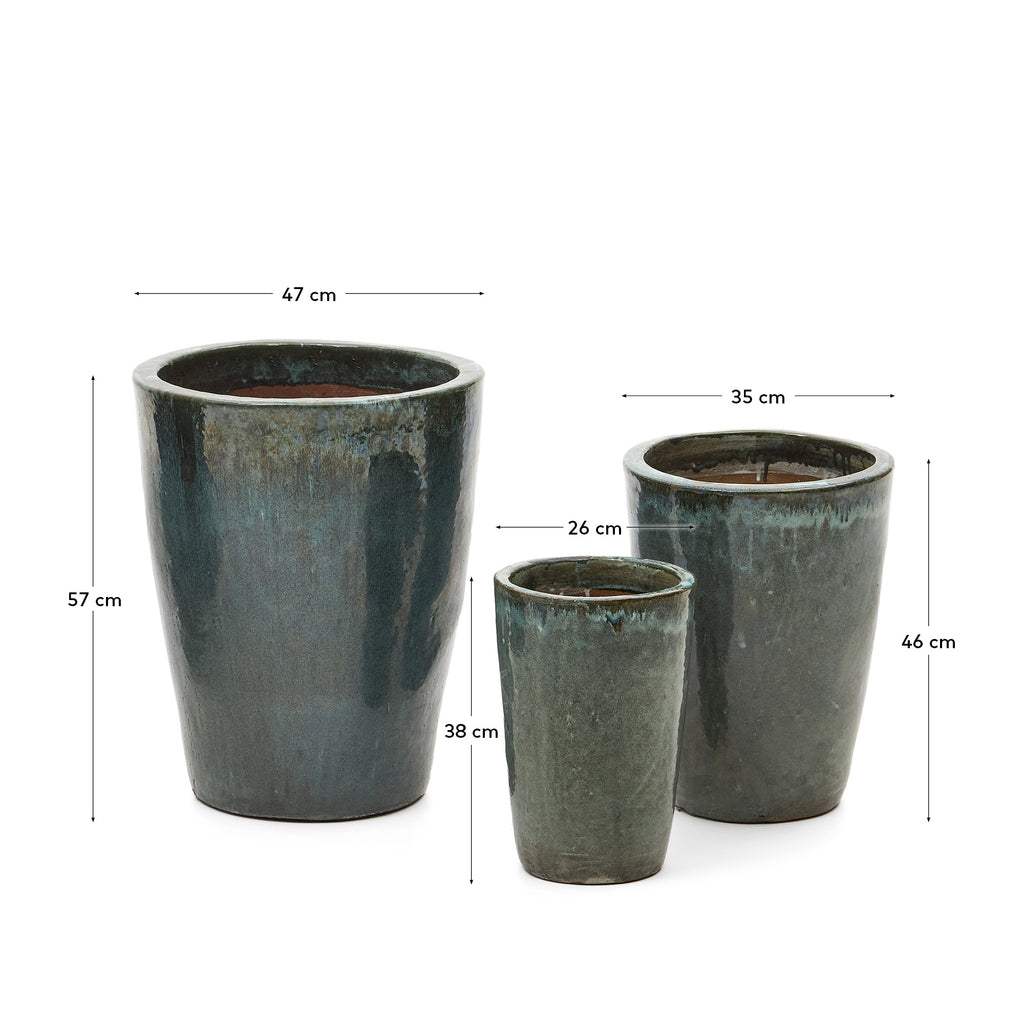 Rotja set of 3 terracotta planters with glazed blue finish Ø 26 / 35 / 47 cm
