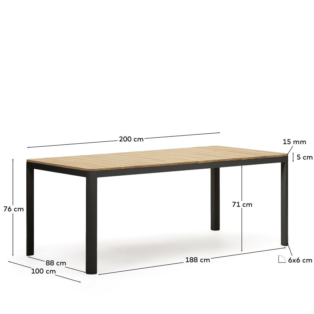 Bona aluminium and solid teak table, 100% outdoor suitable with black finish, 200 x 100 cm