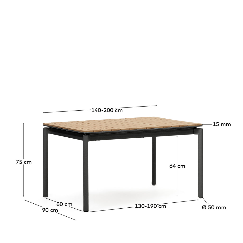 Canyelles extendable outdoor table, plastic lumber & matte black aluminium, 140 (200) x 90 cm