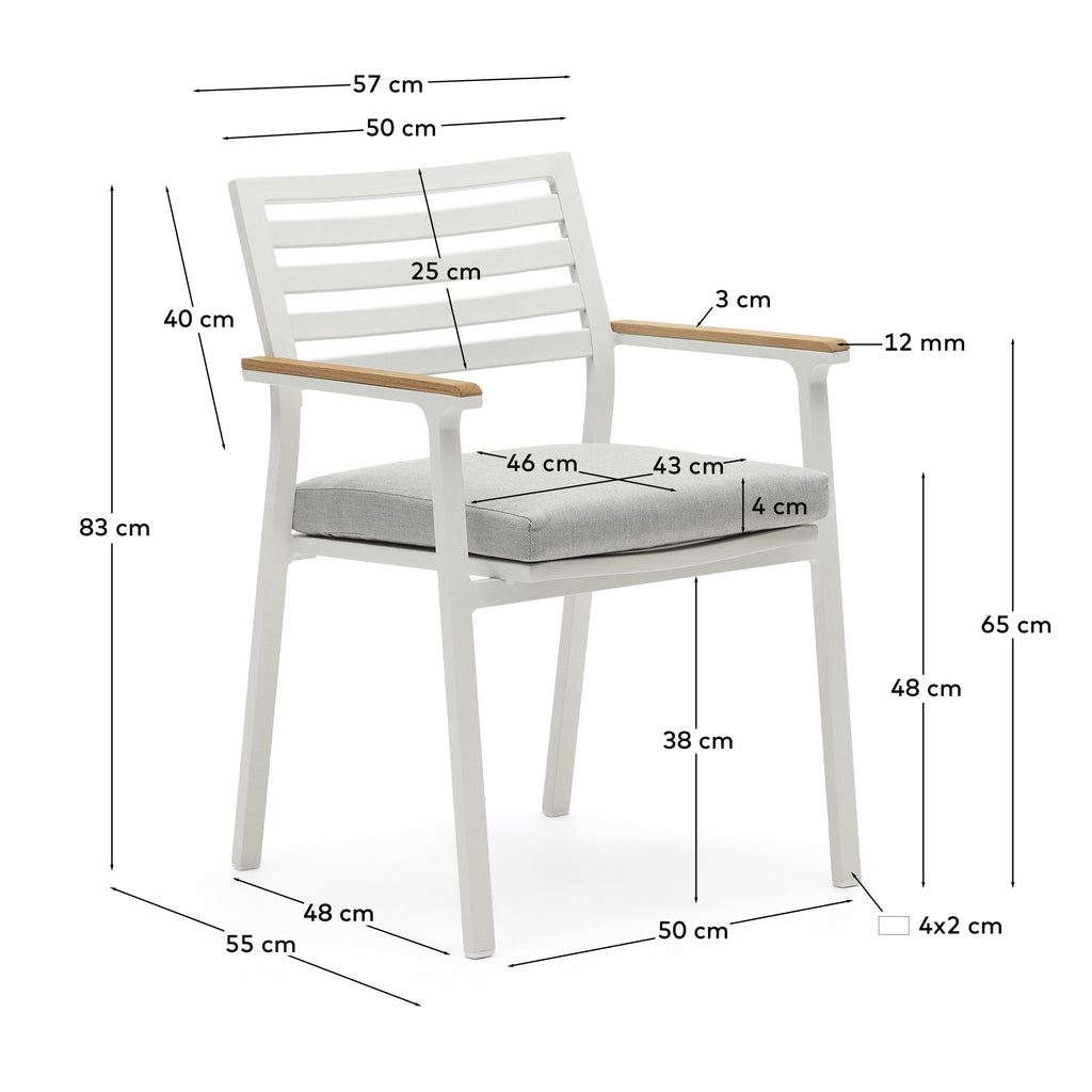 Bona aluminium stackable garden chair with a white finish and solid teak wood armrests