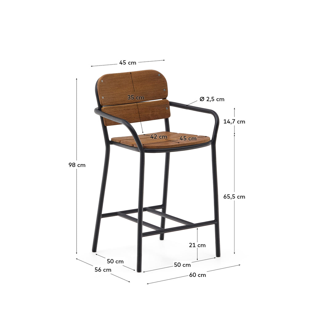 Algueret Stool Solid Eucalyptus Wood Natural Finish and Black Aluminum 65 cm FSC 100%