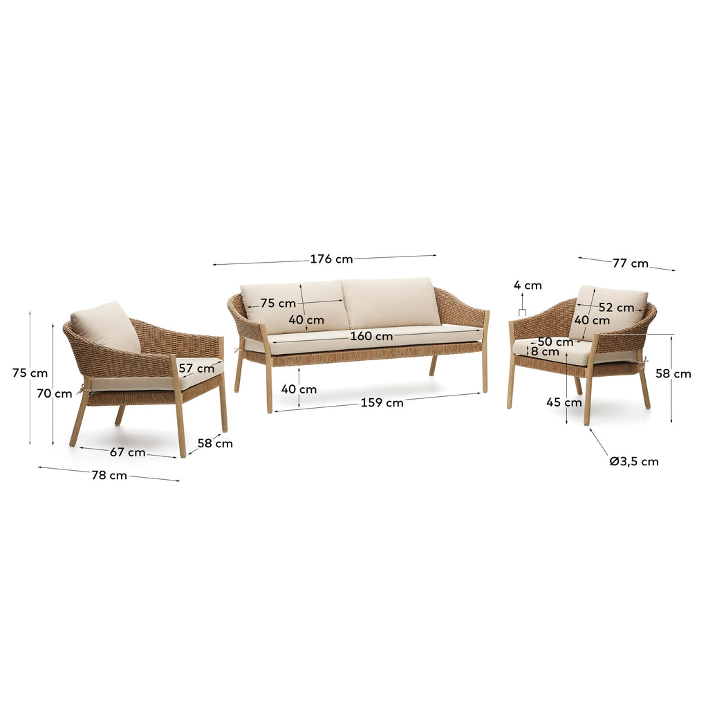 Pola stackable set, 2 seater sofa & 2 armchairs in solid eucalyptus and faux-rattan, FSC