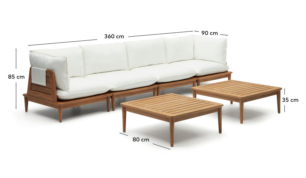 Portitxol set of 2 corner armchairs, 2 armchairs and 2 coffee tables in solid teak