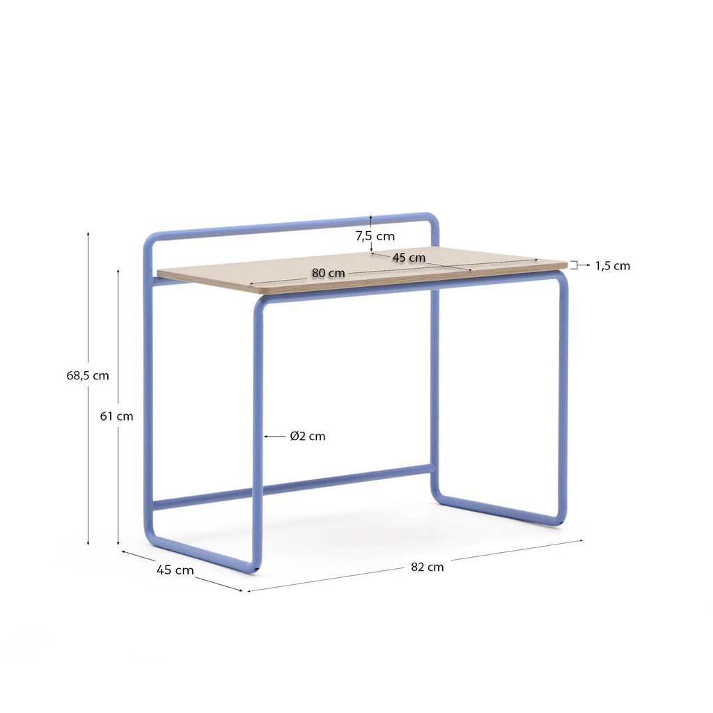 Tinn ash veneer desk with a blue metal structure, 82 x 45 cm