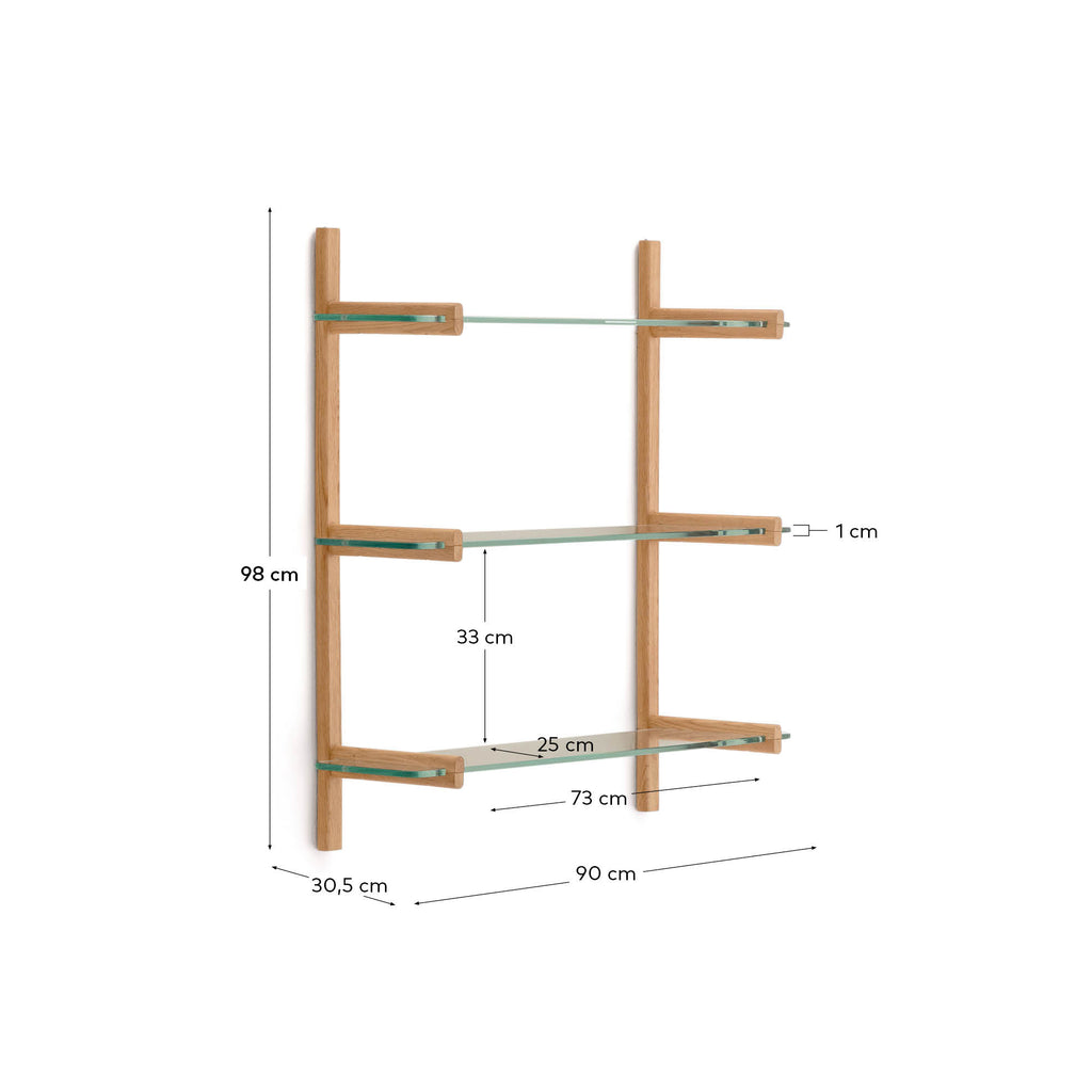 Sitra modular shelf, 3 glass shelves and FSC Mix Credit solid oak wood, 90 cm