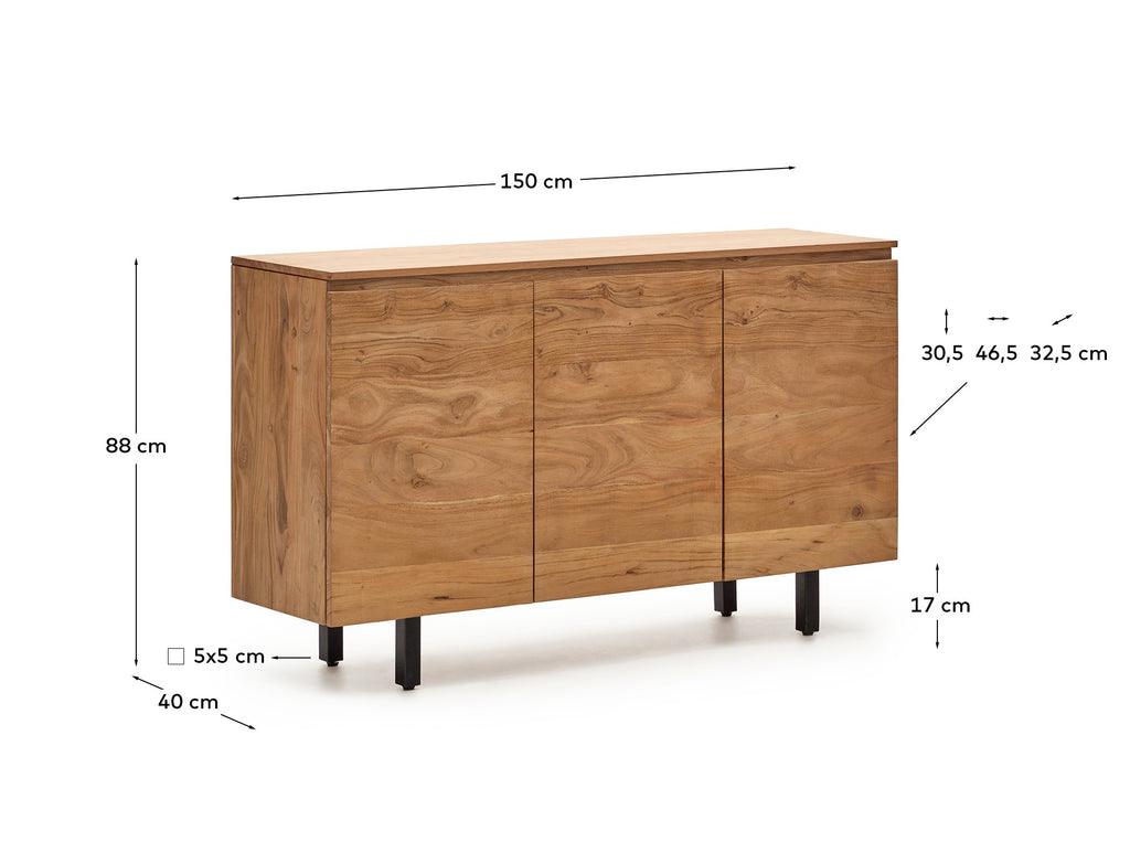 Uxue 3-door sideboard in solid acacia wood with bleached finish 150 x 88cm