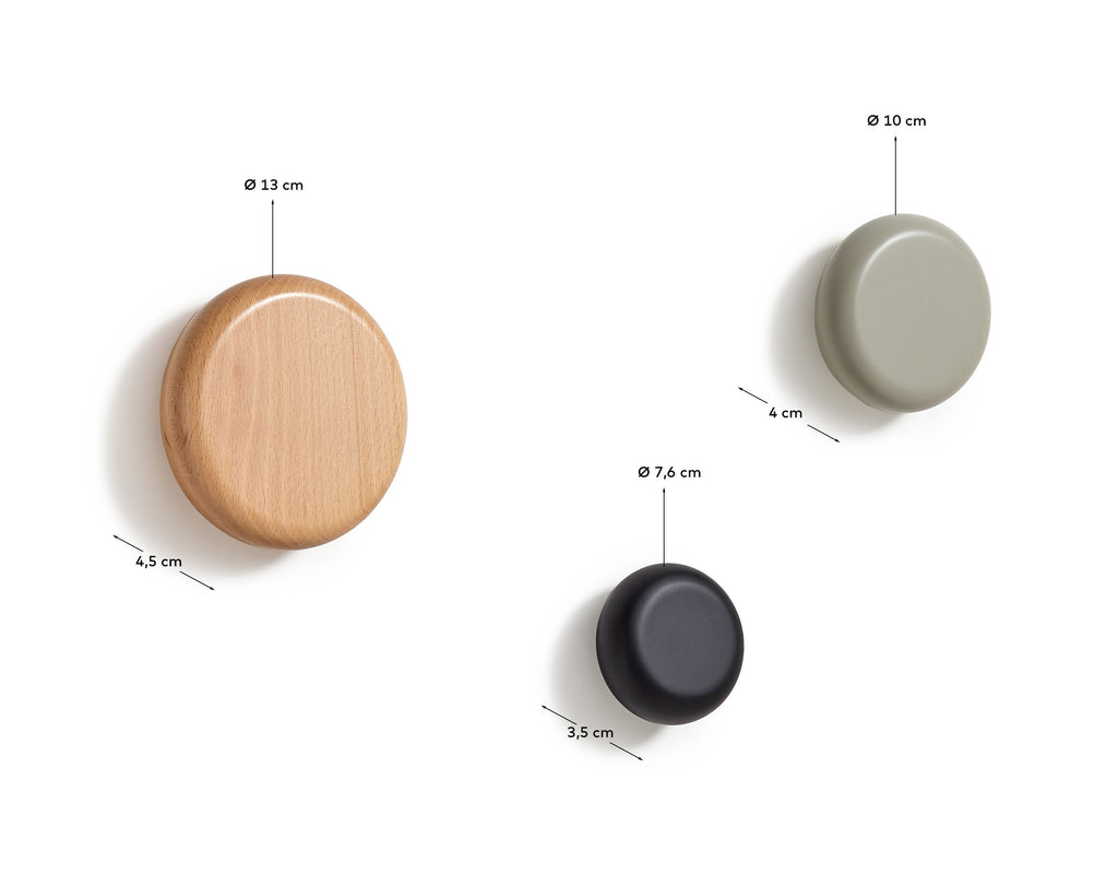 Nadue set of 3 solid beech wood wall hooks with natural, grey, and black finishes