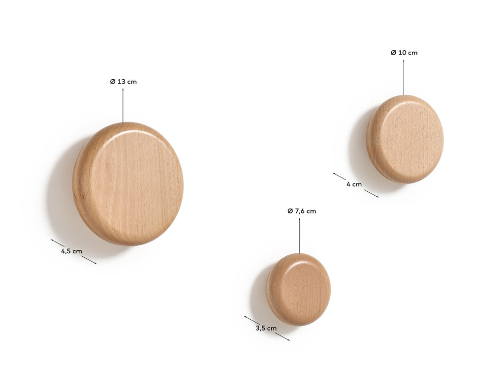 Nadue set of 3 solid beech wood wall hooks with a natural finish