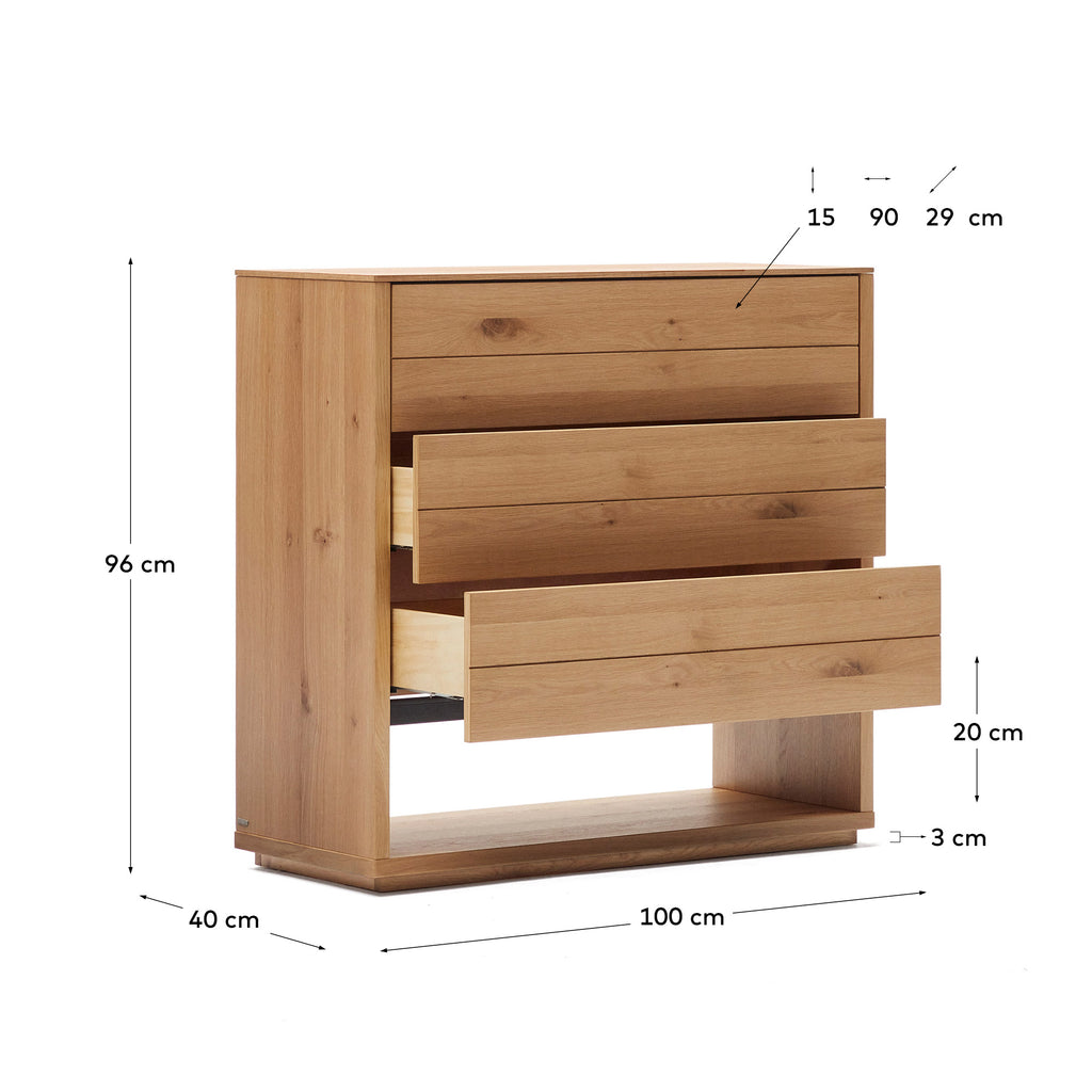Alguema chest of drawers with 3 drawers in oak wood veneer with natural finish, 100 x 97 cm