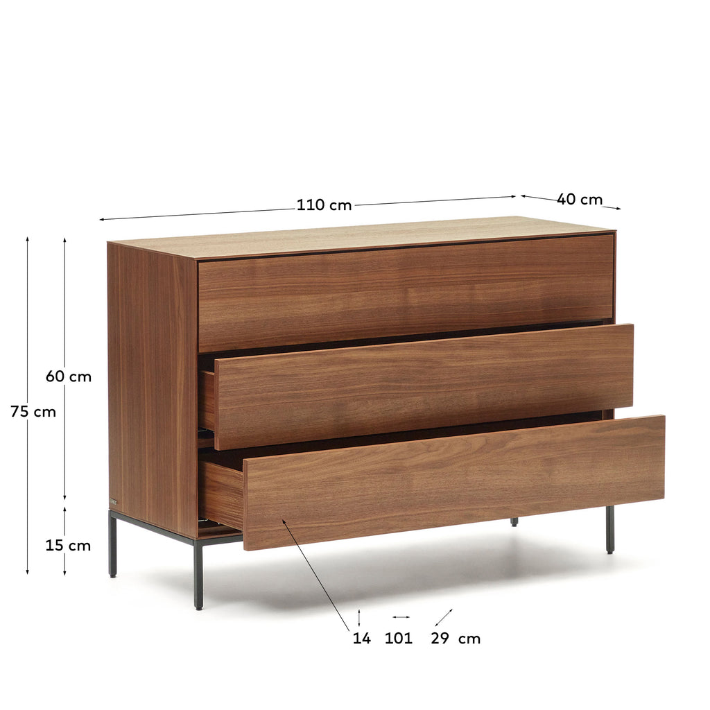 Vedrana 3 drawer chest of drawers in walnut veneer with black steel legs, 110 x 75 cm
