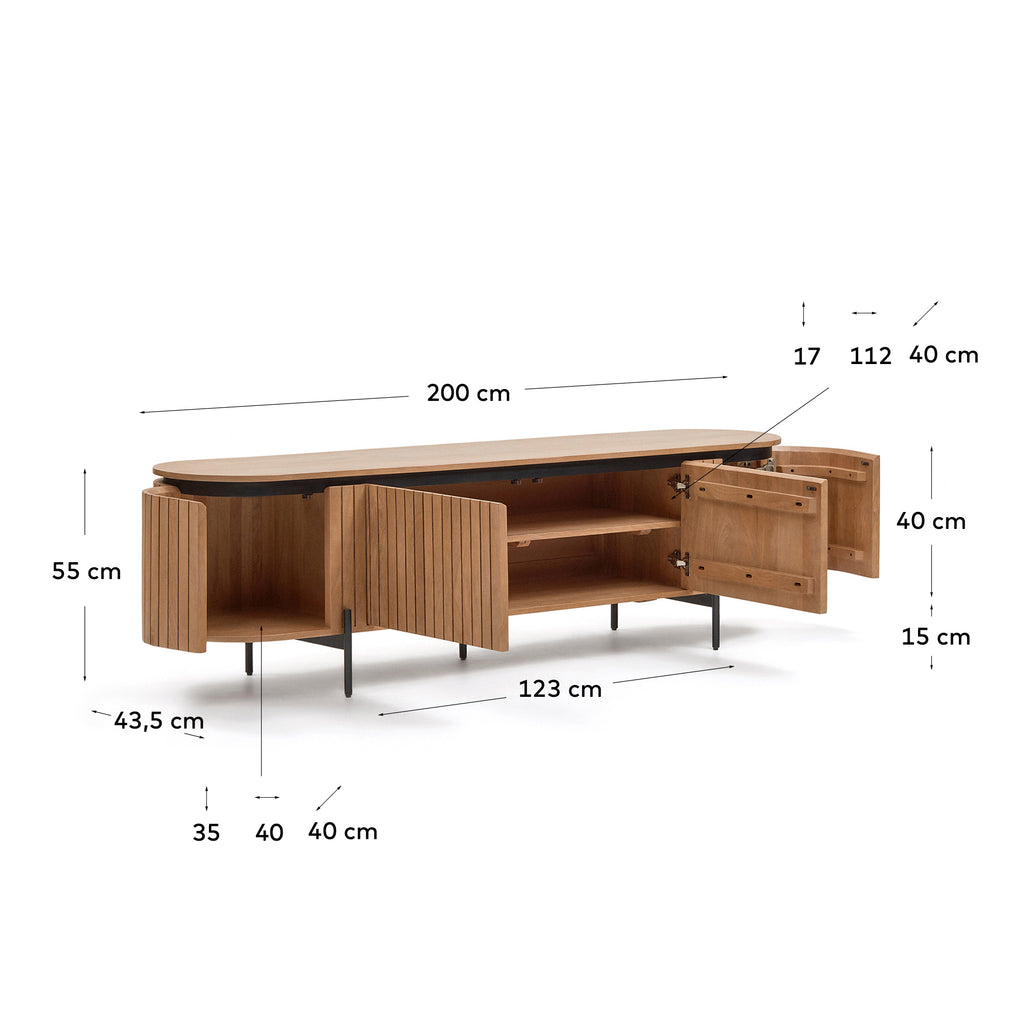 Licia TV stand with 4 doors, solid mango wood with natural finish and metal, 200 x 55 cm