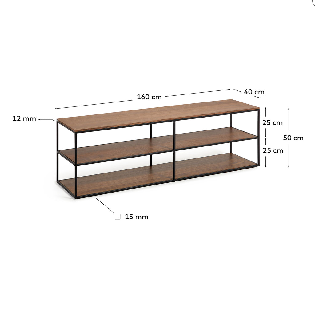 Yoana TV stand with a walnut veneer and painted black metal structure, 160 x 40 cm