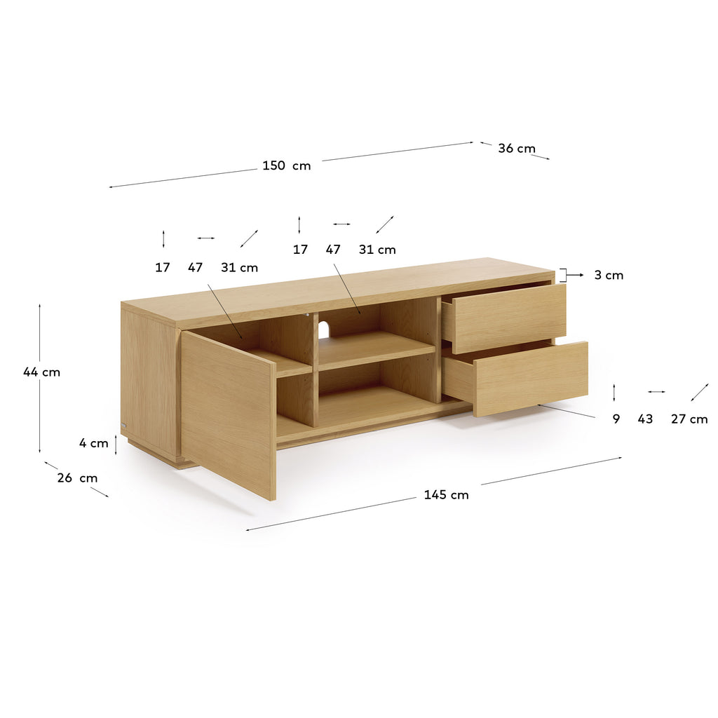 Abilen oak wood veneer single door TV stand with 2 drawers, 150 x 44 cm FSC 100%