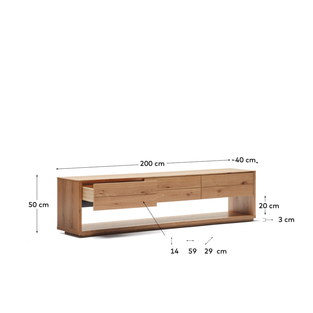 Alguema TV stand with 3 drawers in oak veneer with natural finish, 200 x 51 cm