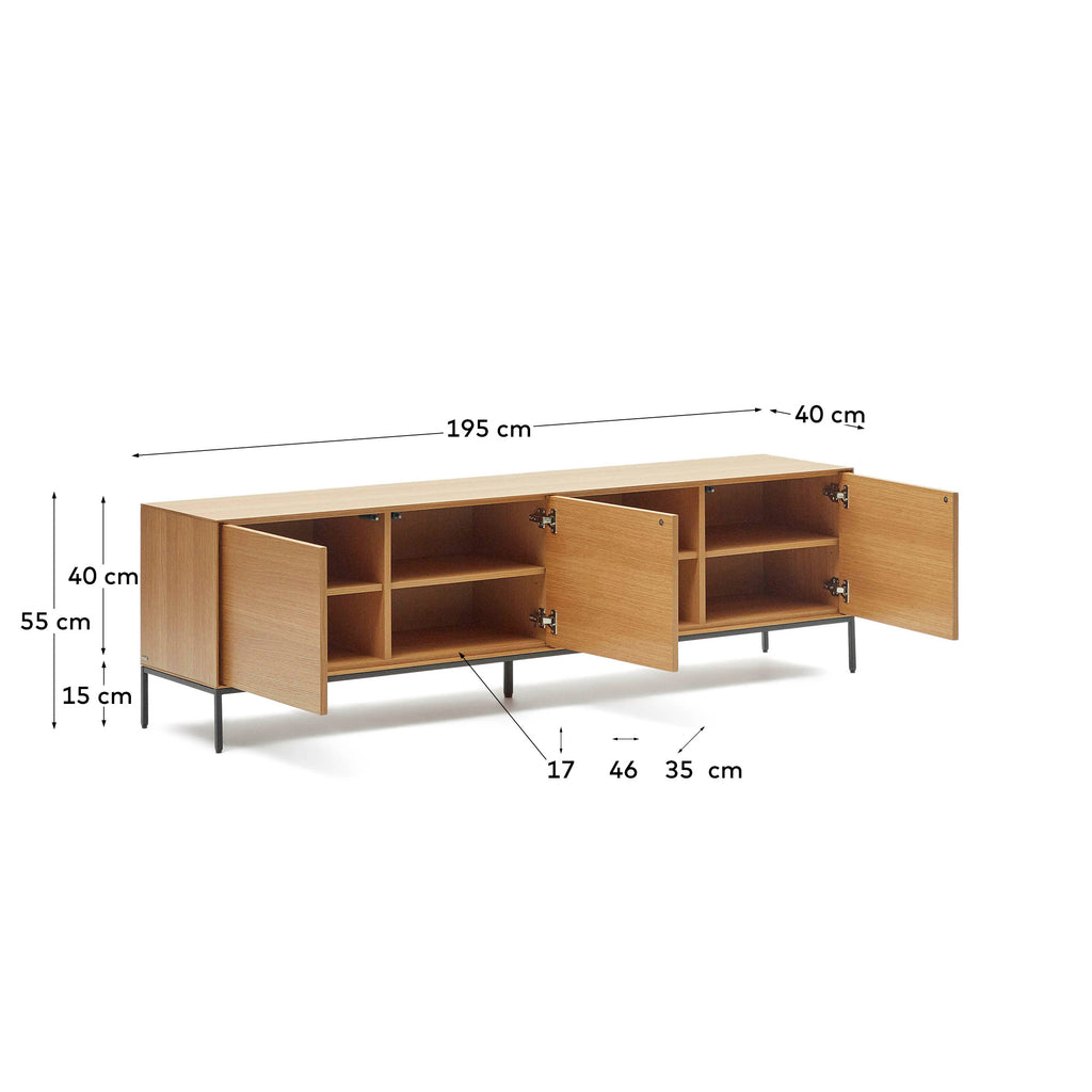 Vedrana 3 drawer TV stand in oak veneer with black steel legs, 195 x 55 cm