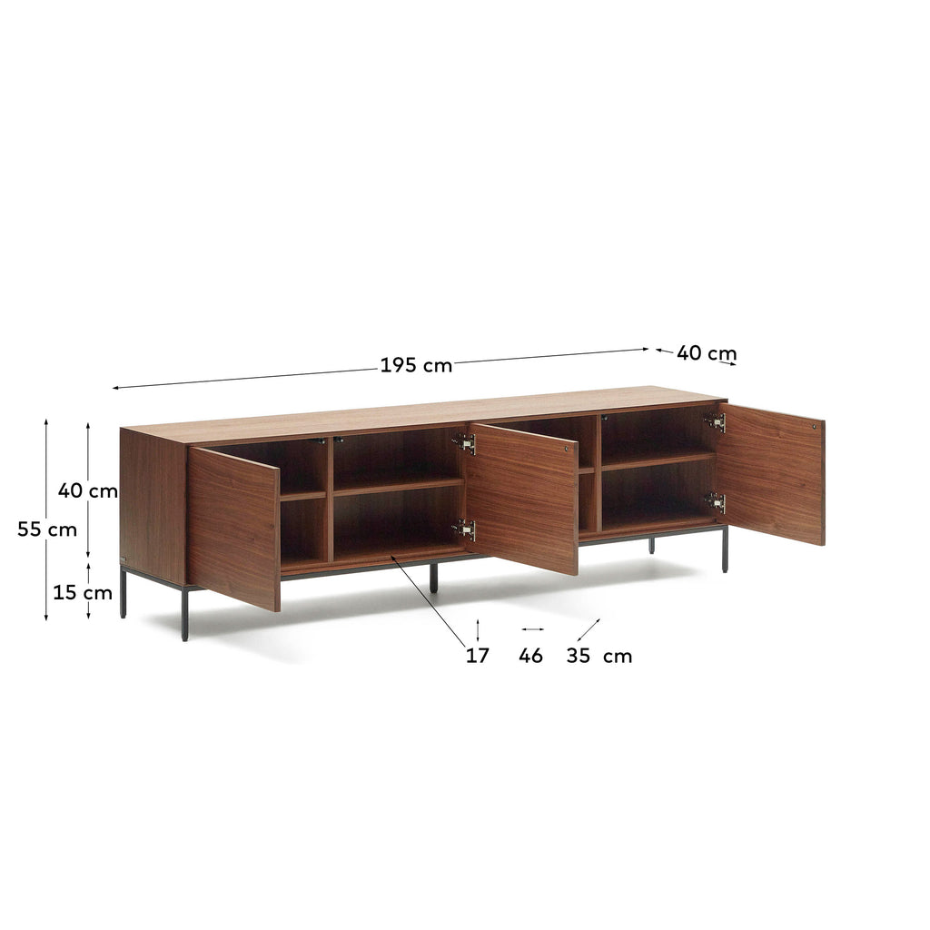 Vedrana 3 drawer TV stand in walnut veneer with black steel legs, 195 x 55 cm