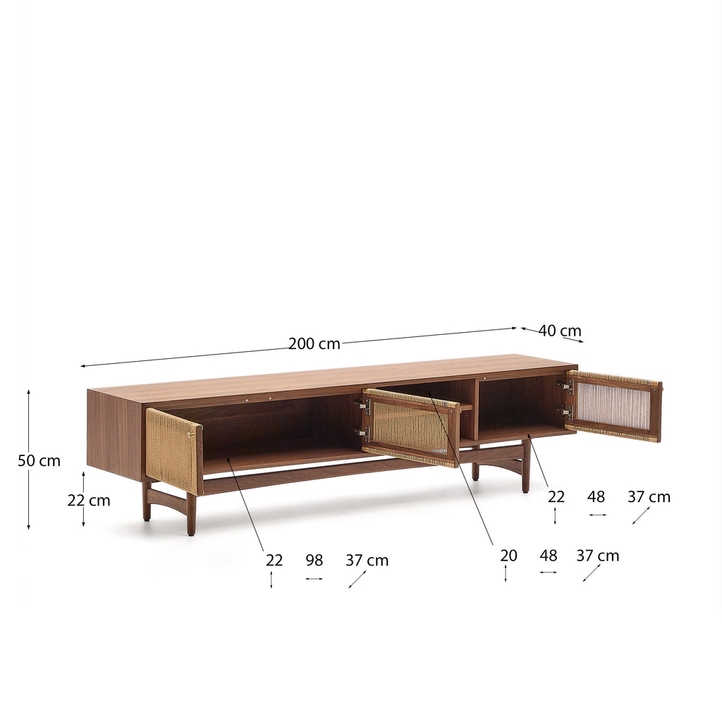 Elan TV cabinet 3 doors veneer and solid walnut and cord 200 x 50 cm FSC Mix Credit