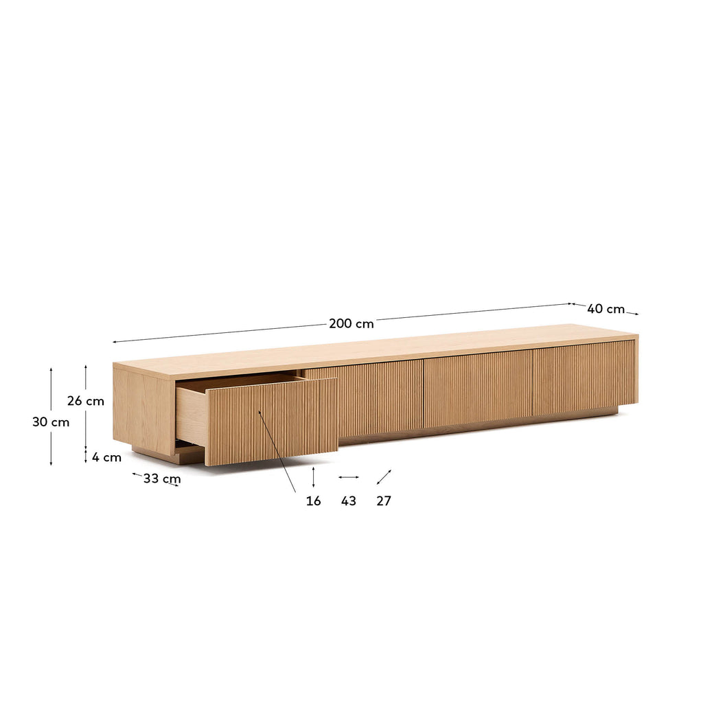 Helvine TV stand with 4 drawers in oak veneer, 200 x 30 cm FSC 100%