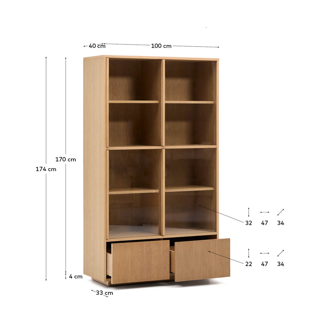 Helvine display cabinet 4 doors 2 drawers oak veneer and tempered glass 100 x 174 cm FSC 100%