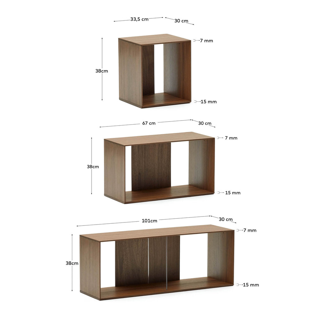 Litto set of 9 modular shelving units in walnut wood veneer, 202 x 114 cm