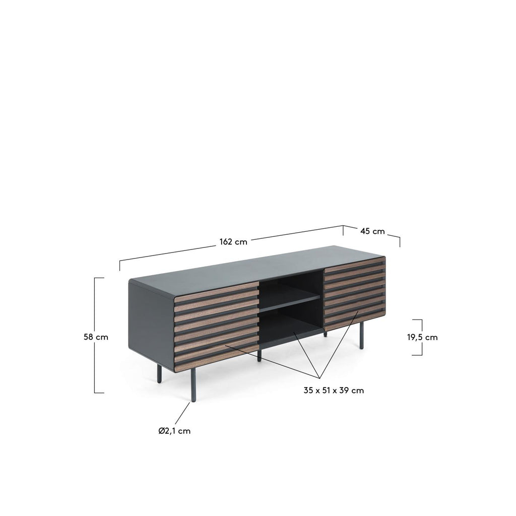 Kesia 2 door TV stand with walnut wood veneer with black lacquer & black steel, 162 x 58 cm