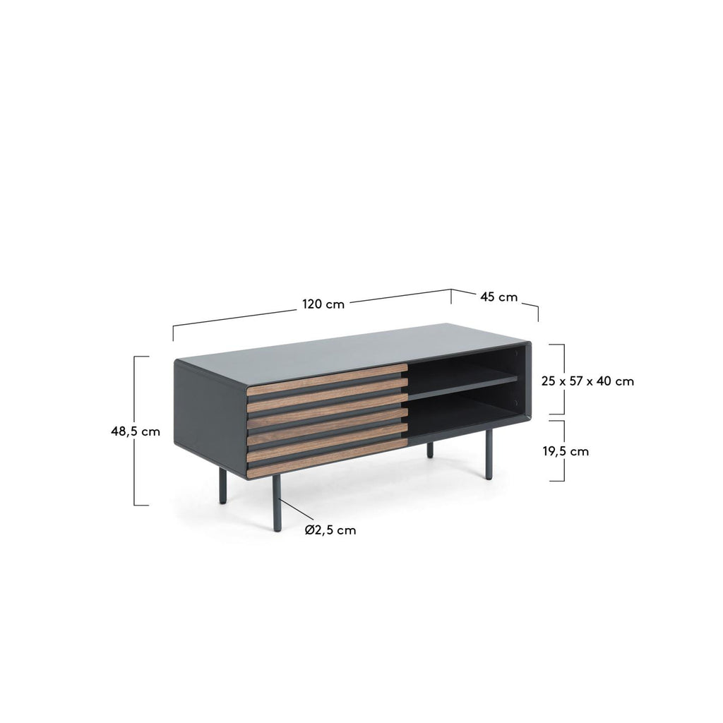 Kesia single door TV stand with walnut wood veneer with black lacquer & black steel, 120 x 48.5 cm