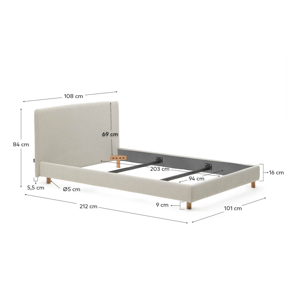 Pearl chenille Valma bed with removable cover and solid beech wood legs for a 90 x 200 cm mattress