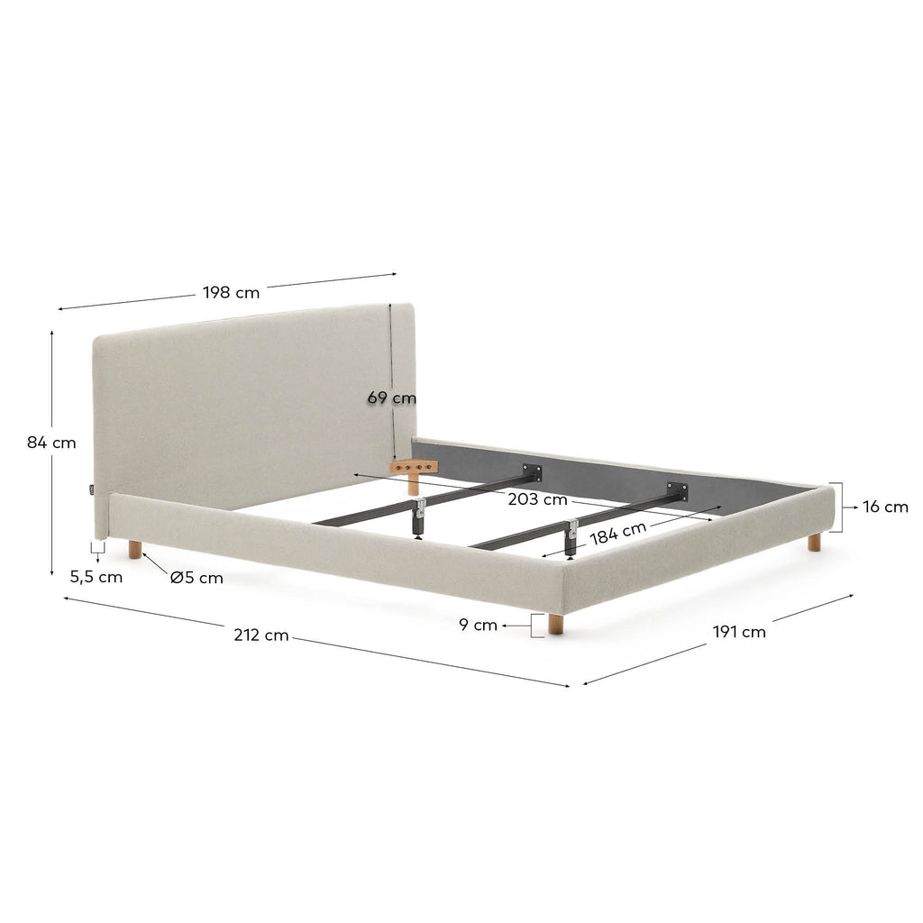 Pearl chenille Valma bed with removable cover and solid beech wood legs for a 180 x 200 cm mattress