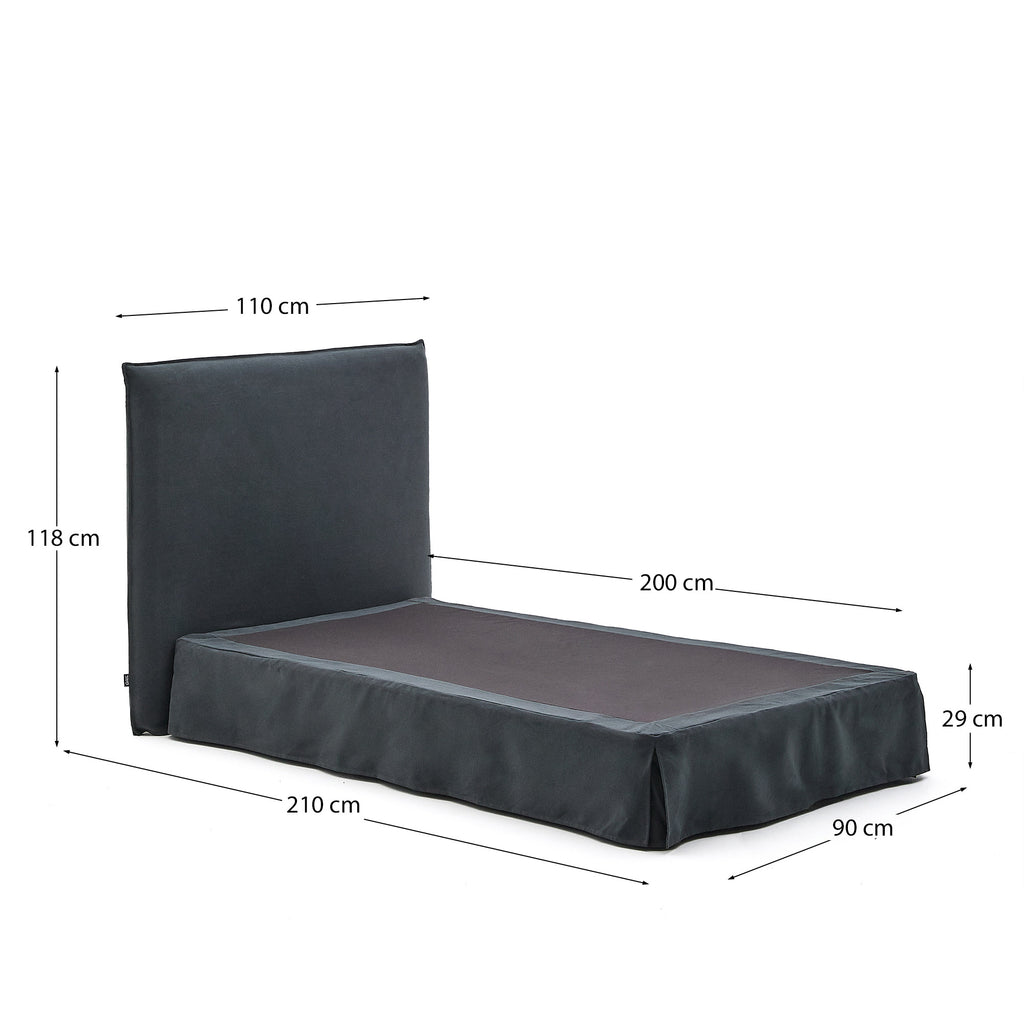 Anthracite grey linen and cotton Jaira bed with removable cover for a 90 x 200 cm FSC Mix Credit mattress