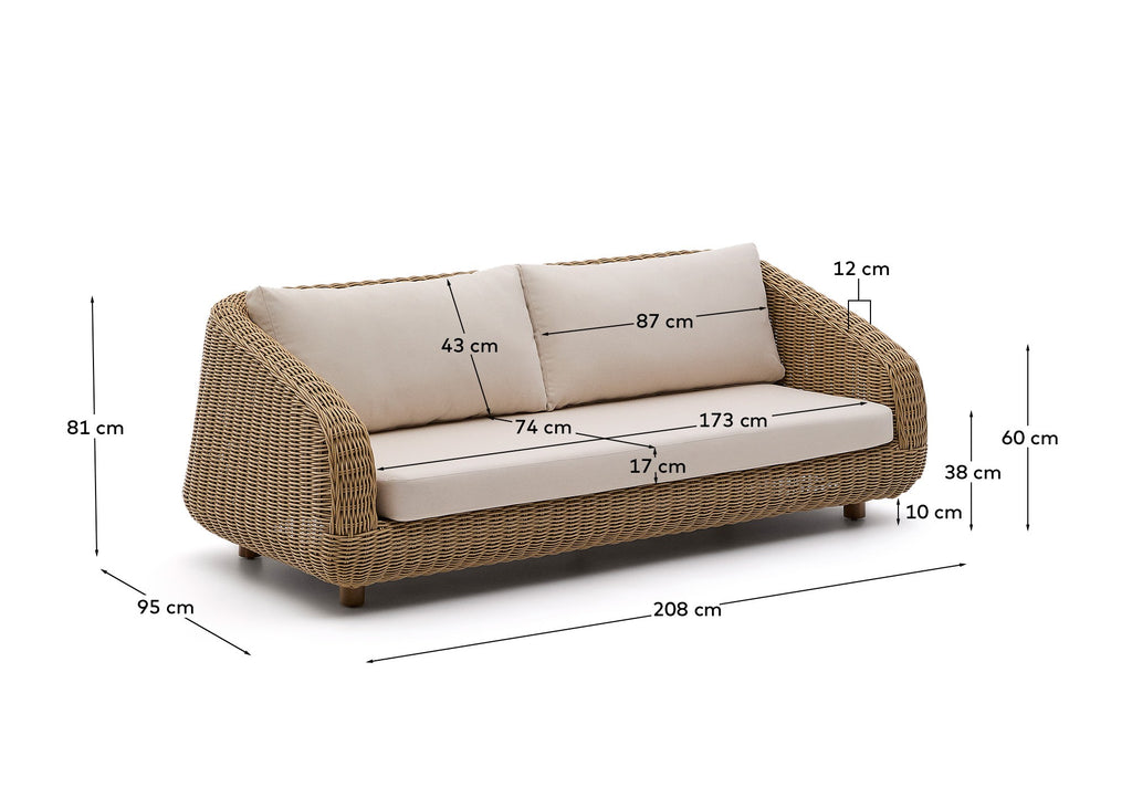 Meria 3-seater sofa in synthetic rattan with FSC 100% solid acacia wood legs 208cm