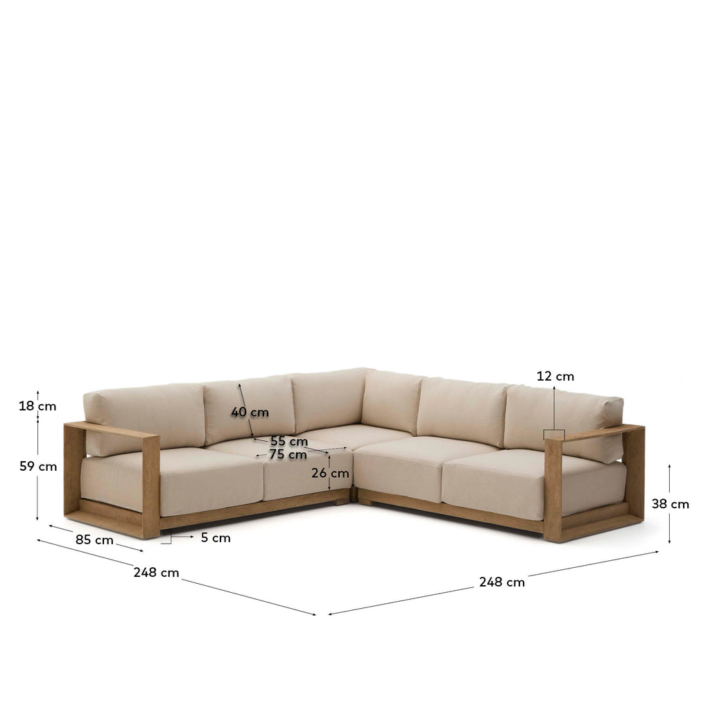Ambra 5-seater corner sofa in solid acacia wood with light finish 248cm FSC 100%