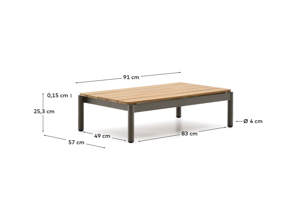Sorells coffee table in green aluminum and teak wood 52,4 x 91 cm FSC 100%