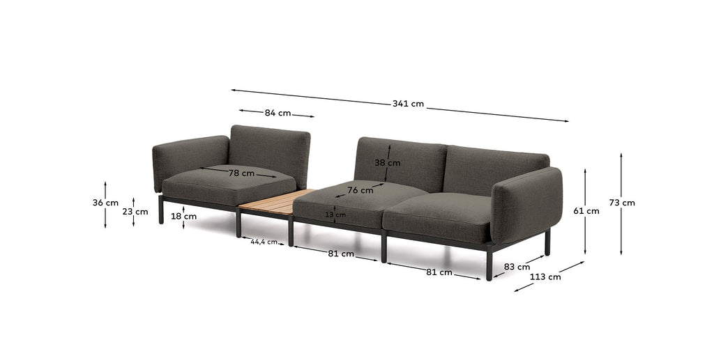 Sorells outdoor modular 3-seater sofa with grey upholstery and grey aluminium with teak table 341 x 113cm FSC 100%