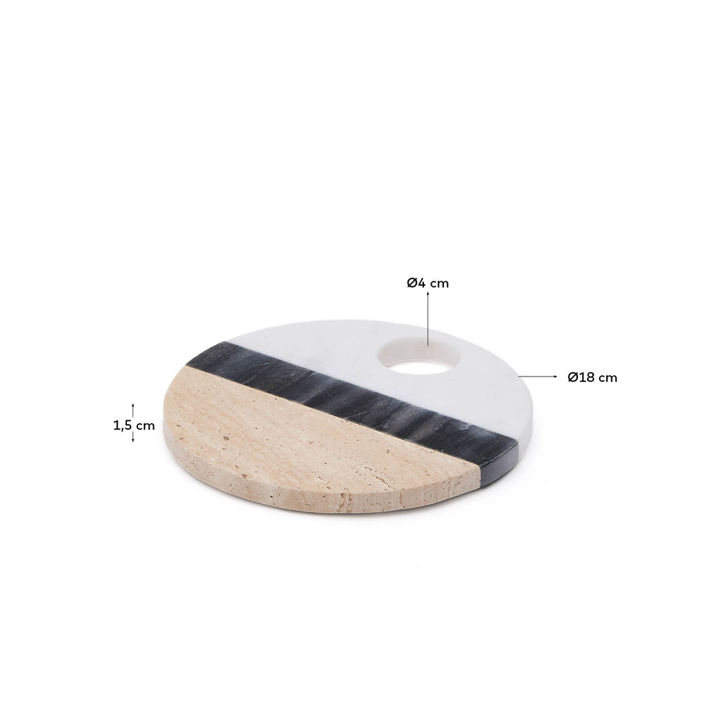 Nivol round serving board in black and white marble and travertine