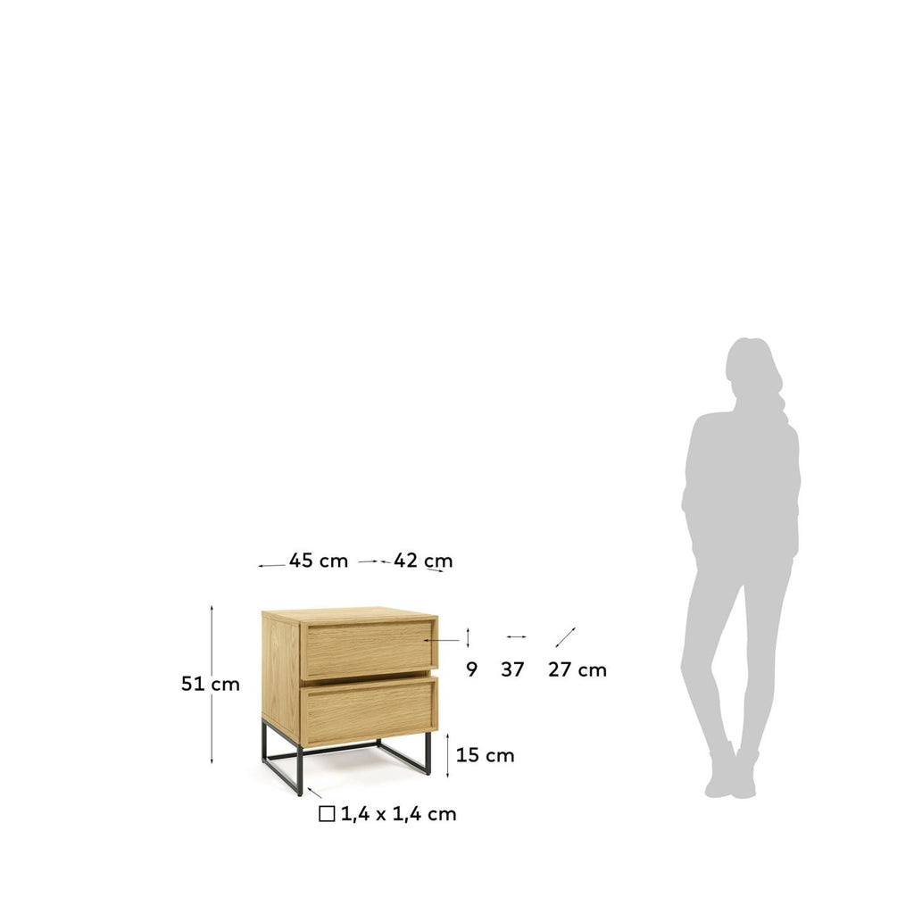 Taiana bedside table with oak veneer and steel frame with black finish 45 x 51 cm