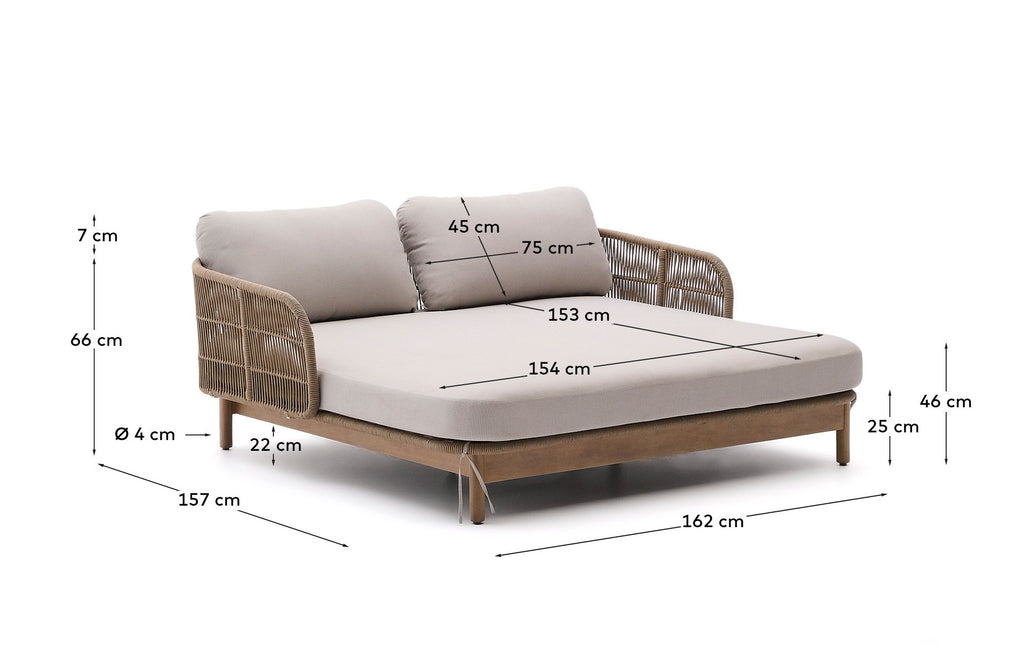 Catalina double sun lounger in beige rope cord and FSC 100% solid acacia wood
