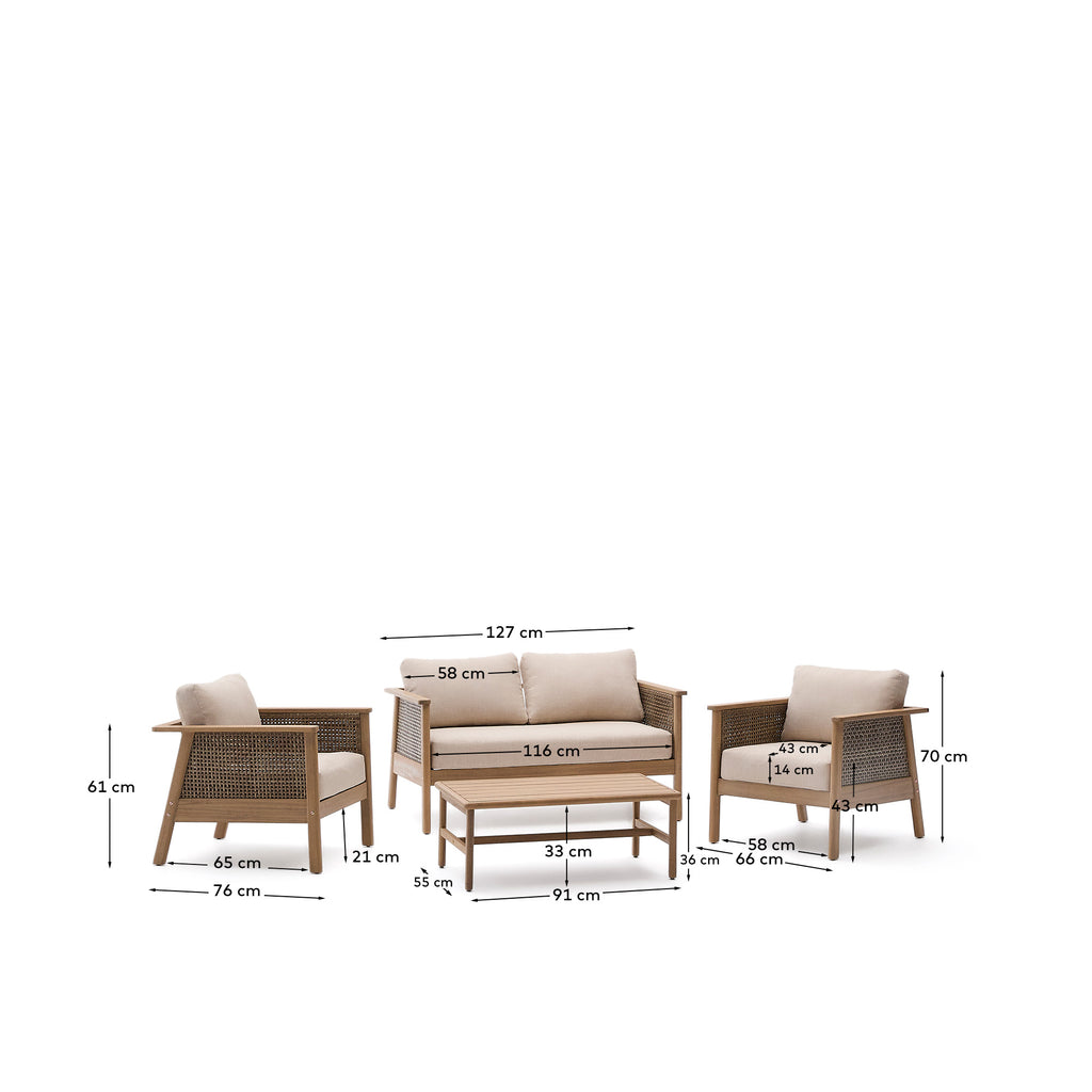 Alabe set consisting of one 2-seater sofa, 2 armchairs and one coffee table in FSC 100% acacia wood