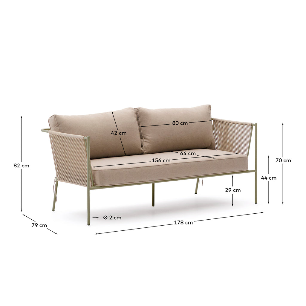 Zivia outdoor 3-seater sofa in ecru rope cord and green galvanised steel 178cm
