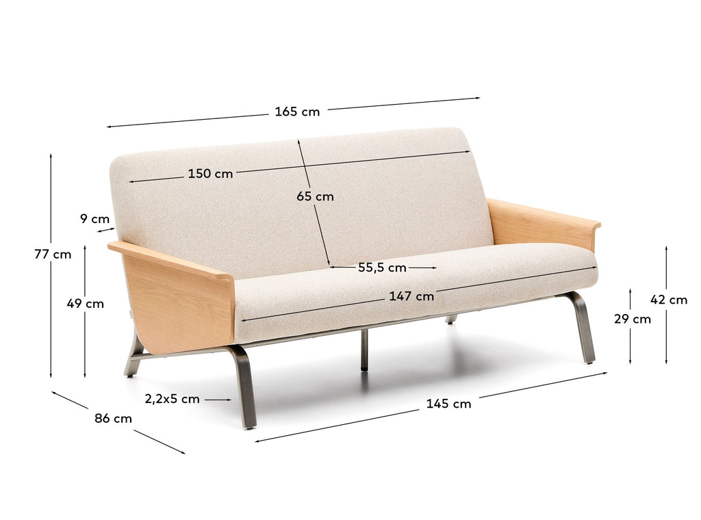 Amsen beige 2-seater sofa in oak plywood with brushed stainless steel legs 150cm FSC 100%