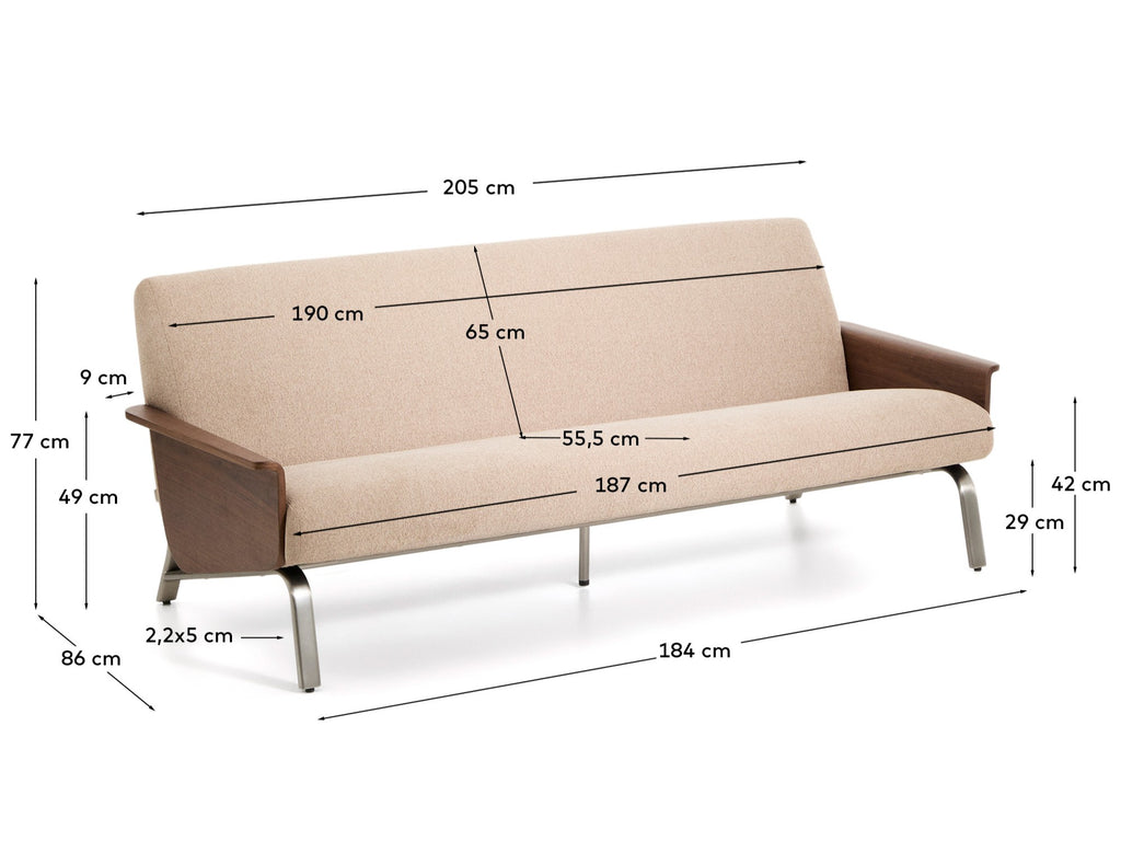 Amsen light brown 3-seater sofa in walnut plywood with brushed stainless steel legs 190cm FSC 100%