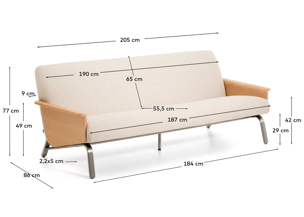 Amsen beige chenille 3-seater sofa in oak plywood with brushed stainless steel legs 190cm FSC 100%