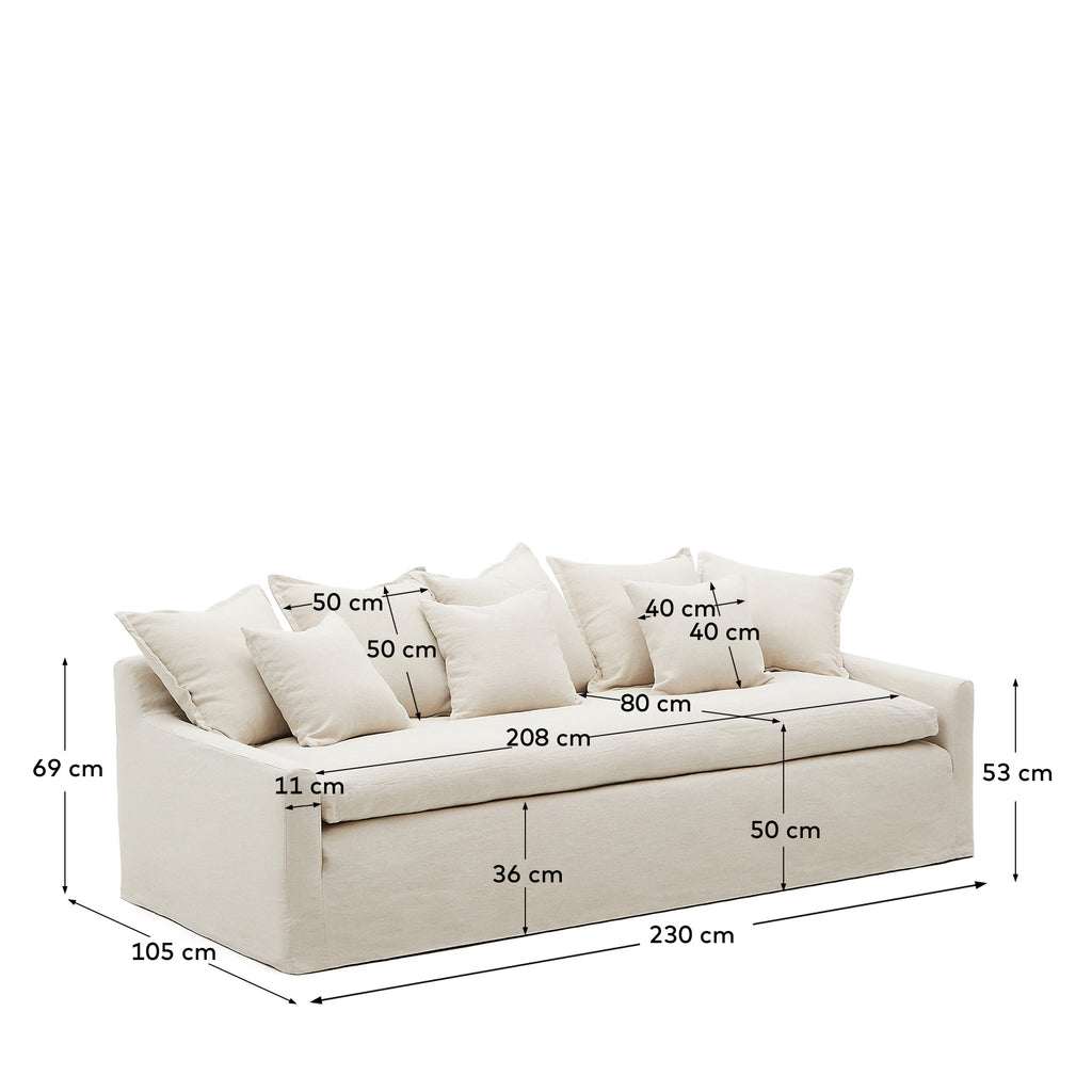 Zenira 3-seater sofa with removable cover and cushions in beige cotton and linen 230cm