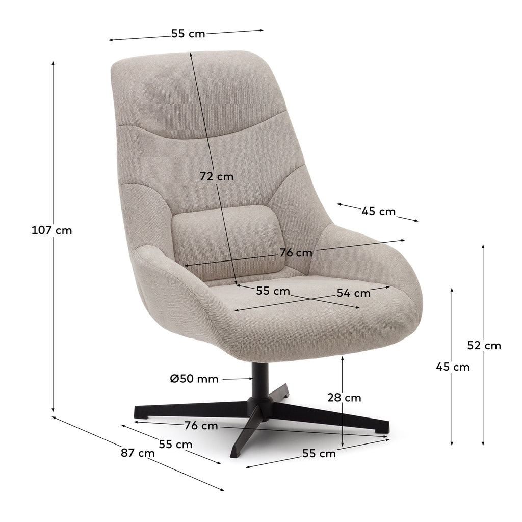 Celida swivel armchair in beige chenille and steel with black finish FSC 100%