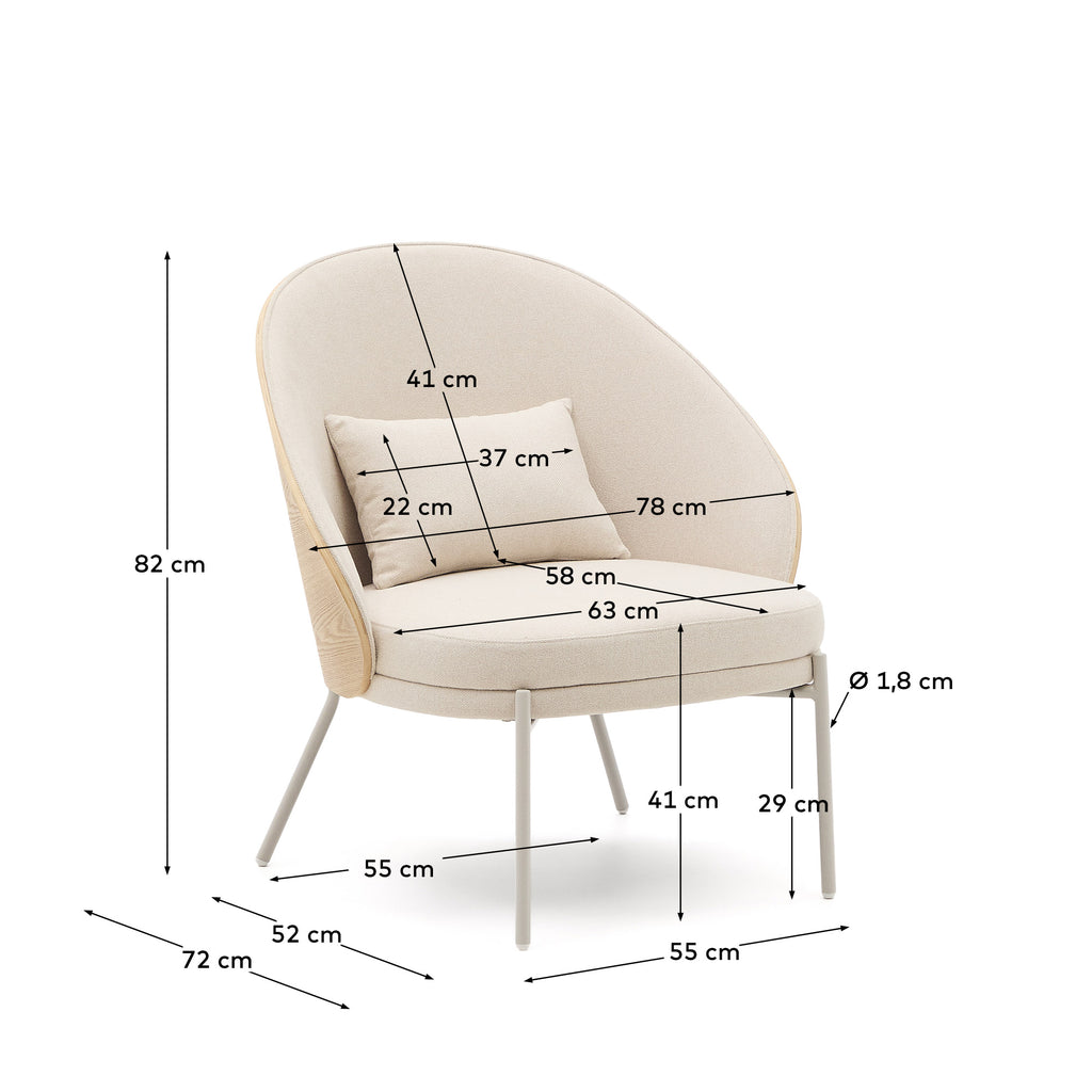 Eamy armchair in beige chenille, in a natural finish ash veneer and beige metal