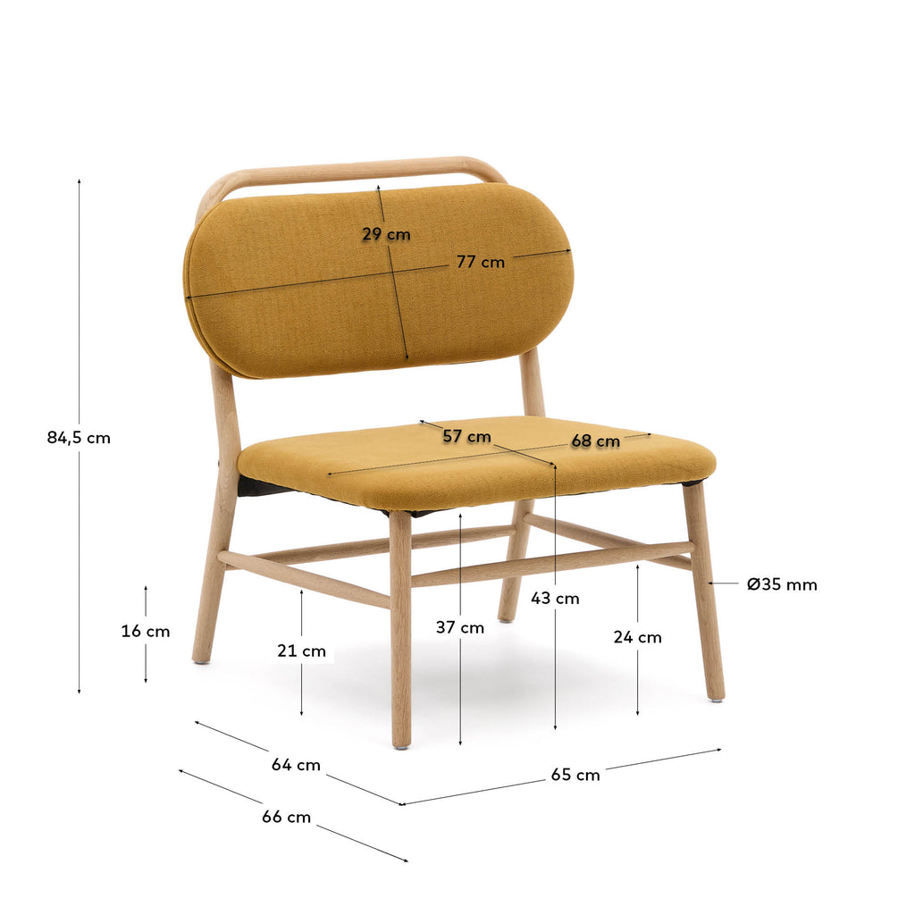 Helda armchair in mustard-coloured chenille and FSC Mix Credit solid oak wood
